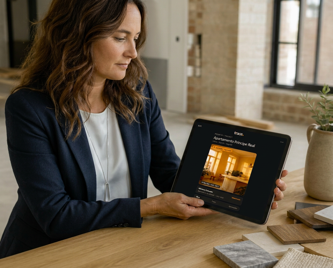 Raquel Quaresma reviewing a floor plan at a wooden work table inside a house under renovation